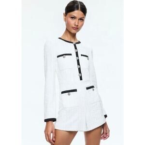 Alice + Olivia Shiloh Romper Long Sleeve White Black Metallic Festive Tweed 10